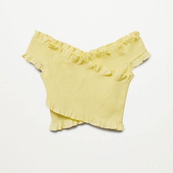 MNG Mango Women’s Butter Yellow Ruffle Smocked Off Shoulder Top NWT size XL - Picture 2 of 9
